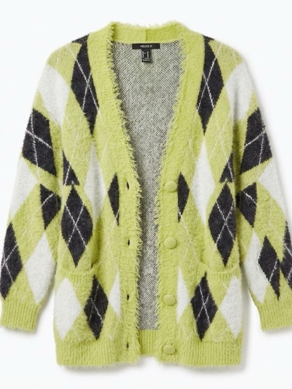 Forever 21 Lime Green Argyle Fuzzy Button Cardigan